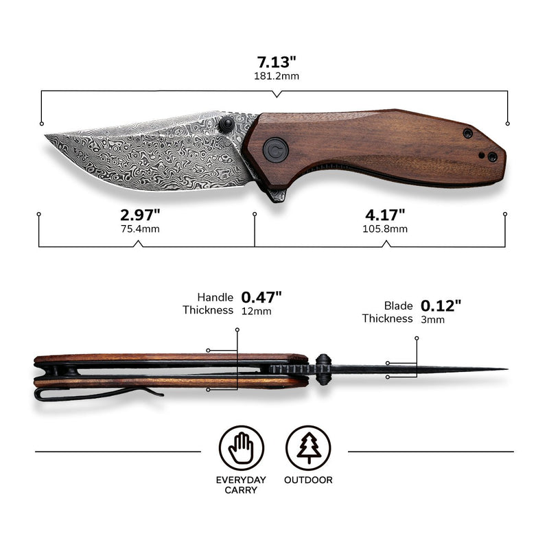 CIVIVI ODD 22 Flipper & Thumb Stud Knife Wood Handle (2.97" Damascus Blade) C21032-DS1