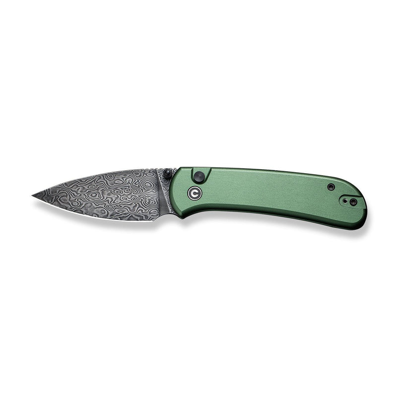 CIVIVI Qubit Button Lock Knife Green Aluminum Handle (2.98" Black Hand Rubbed Damascus Blade) C22030E-DS1