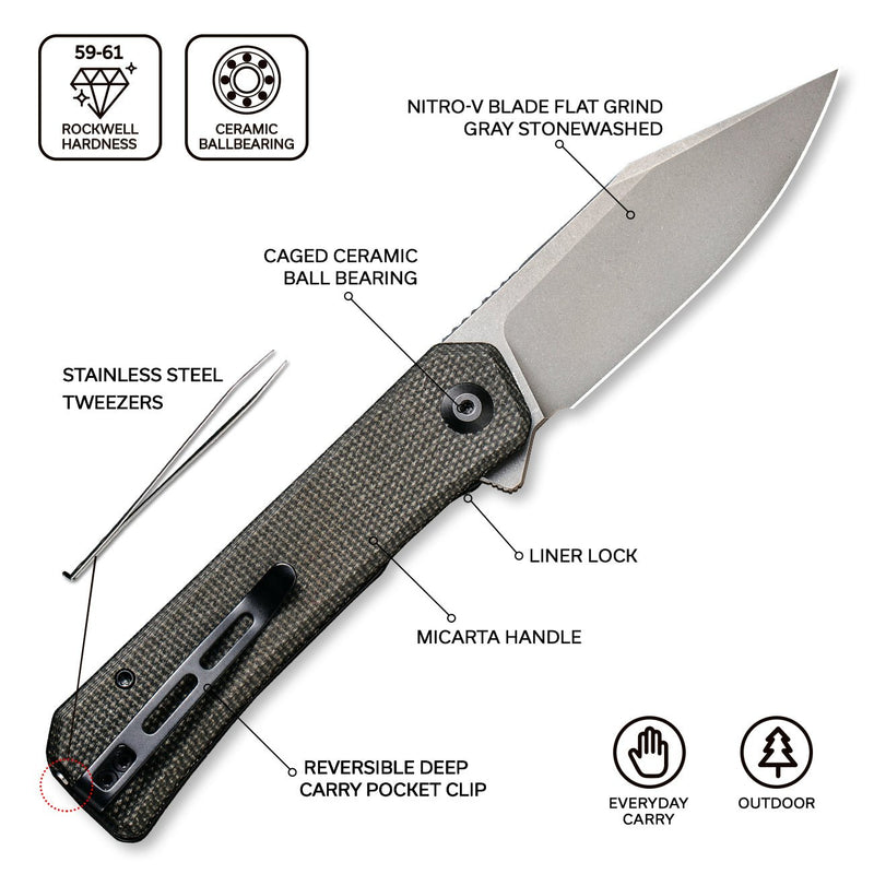 CIVIVI Relic Flipper Knife Micarta Handle (3.48" Nitro-V Blade) C20077B-3