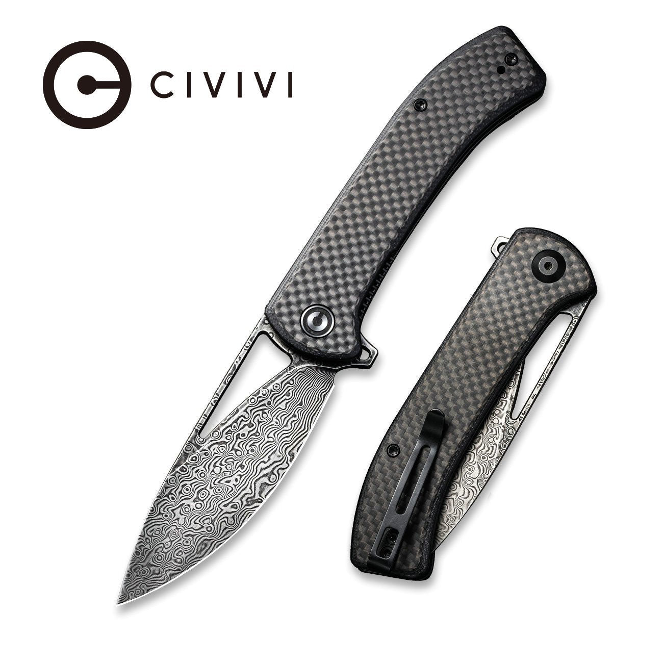 CIVIVI Riffle Flipper Knife Carbon Fiber & G10 Handle Damascus