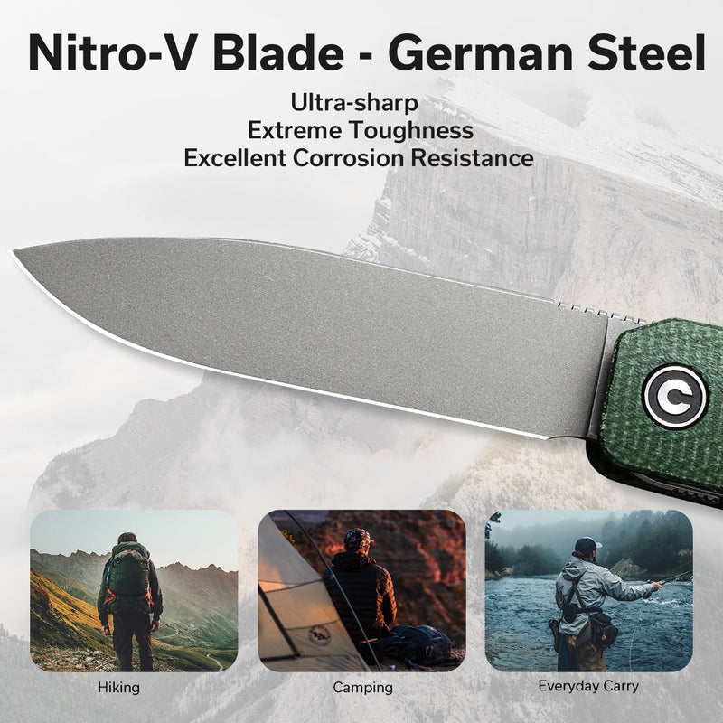 CIVIVI Sendy Flipper Knife Green Canvas Micarta Handle (2.83" Gray Stonewashed Nitro-V Blade) C21004A-1, Includes 1PC Steel Tweezers (Presentation Side) & Toothpick (Lock Side) In The Handle