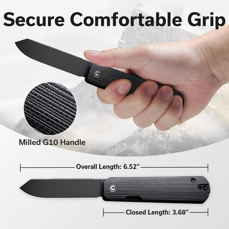 CIVIVI Sendy Flipper Knife Milled Black G10 Handle (2.83" Black Stonewashed Nitro-V Blade) C21004B-2, Includes 1PC Steel Tweezers (Presentation Side) & Toothpick (Lock Side) In The Handle