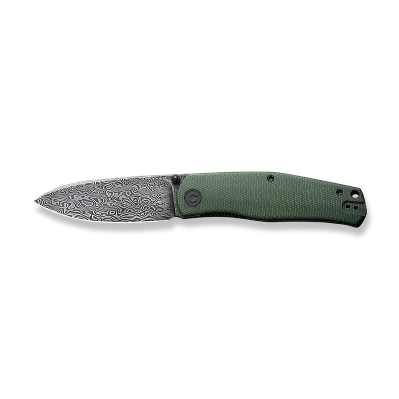 CIVIVI Sokoke Front Flipper & Thumb Stud Knife Green Canvas Micarta Handle (3.35" Black Hand Rubbed Damascus Blade) C22007-DS2