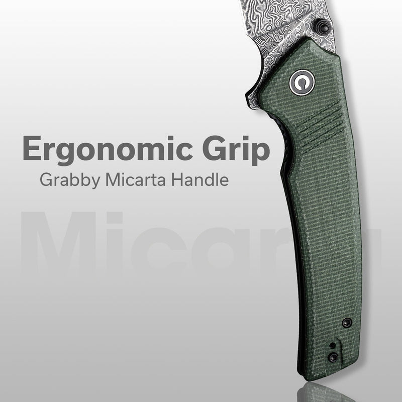 CIVIVI Tranquil Flipper & Thumb Stud Knife Green Canvas Micarta Handle (3.7" Black Hand Rubbed Damascus Blade) C23027-DS1