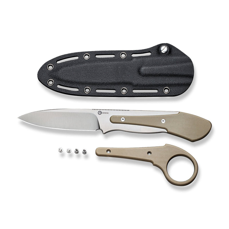 CIVIVI Varius Fixed Blade Knife Tan G10 Conventional Handle (3.75" Satin Finished D2 Live Blade) C22009D-2, With An Extra Ring Handle, 1PC Black Kydex Sheath & Steel Clip