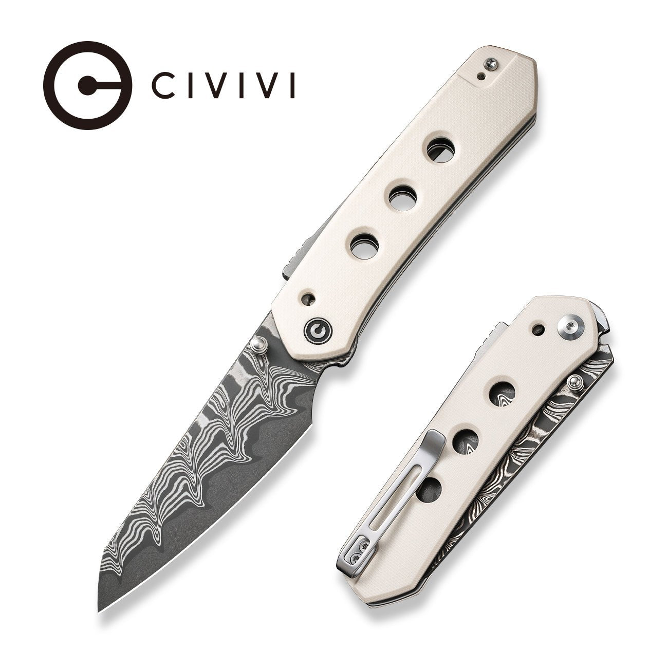 CIVIVI Vision FG Thumb Stud Knife Ivory G10 Handle (3.54" Damascus Bla