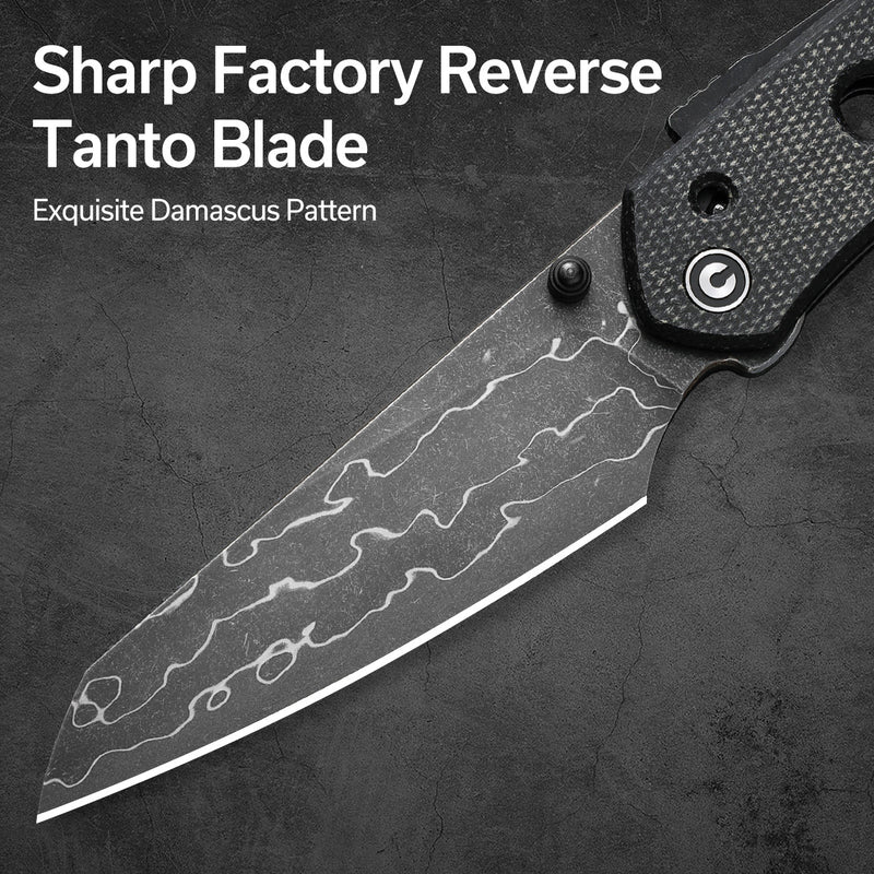 CIVIVI Vision FG Thumb Stud & Superlock Knife Black Canvas Micarta Handle (3.54" Damascus Blade) C22036-DS2